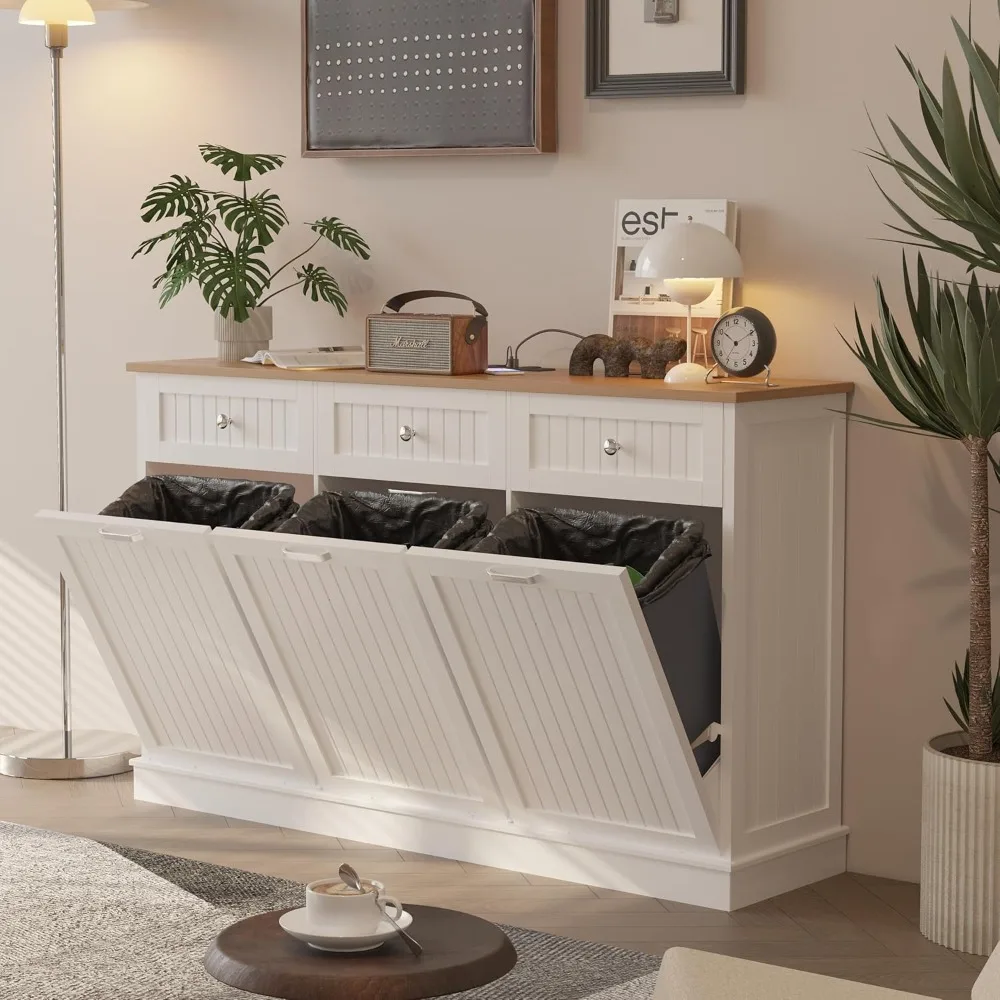 

Tilt Out Trash Can Cabinet，3 in 1 Garbage Can Recycling Cabinet, 59 INCH Trash Recycling Compost