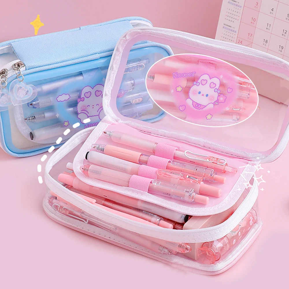 Large Capacity Cartoon Pencil Case Transparent Cosmetic Bag Waterproof Pen Case Cute Rabbit Student School Stationery Pencil Bag