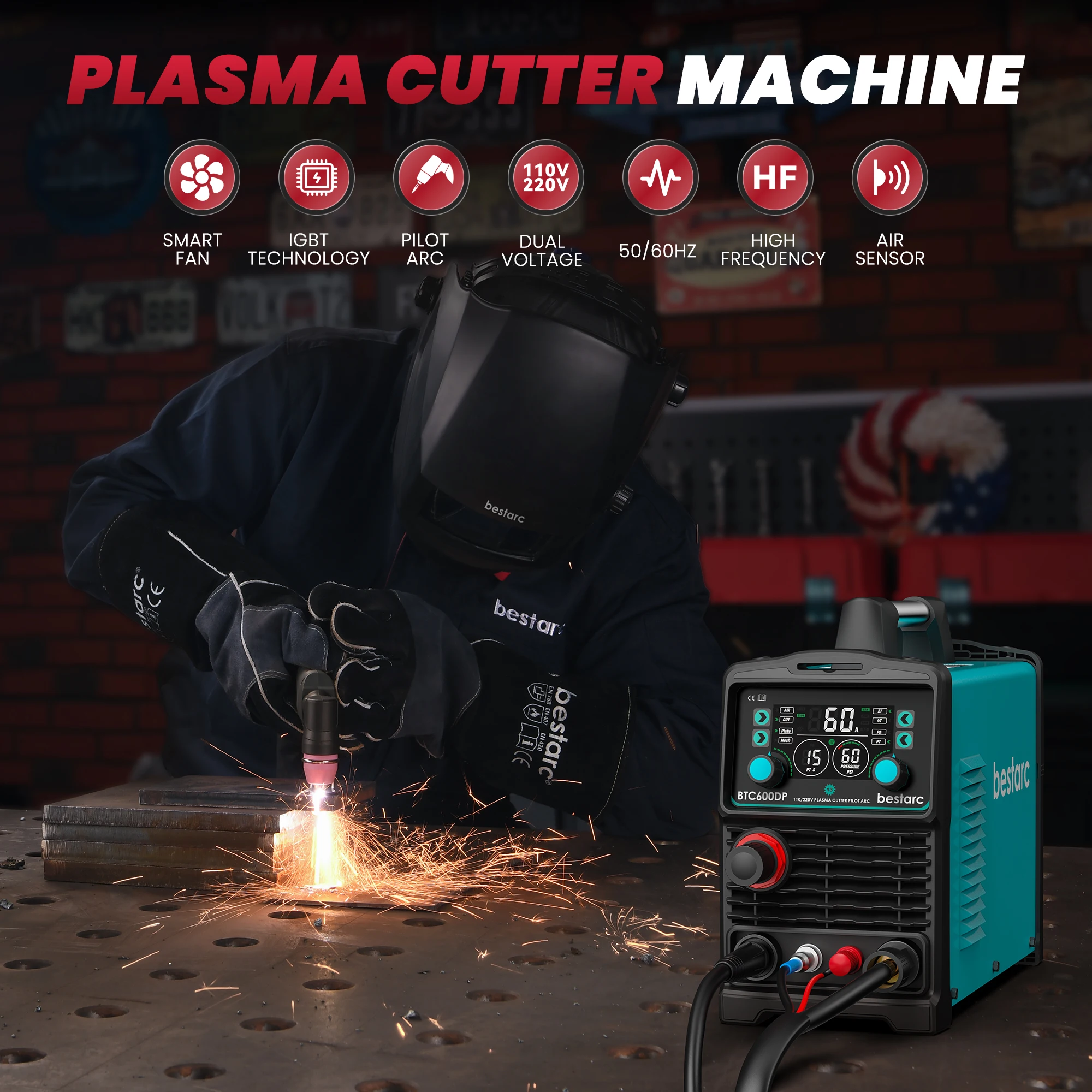 Bestarc 60A Air Plasma Cutter 110V 220V Dual Voltage Cutting Machine, Pilot Arc, LED Screen, 1/2