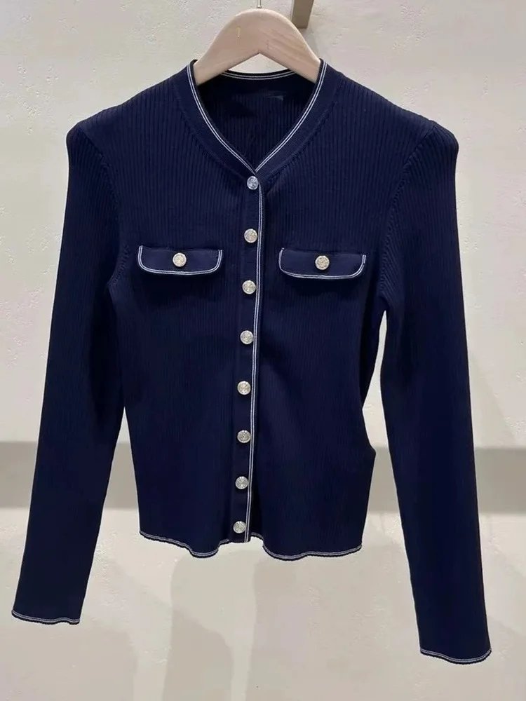 Elegant Slim Fit Knitted Open Cardigan Women's Top High-End Version European Style Metal Buckle Color Block Versatile Long Sl...