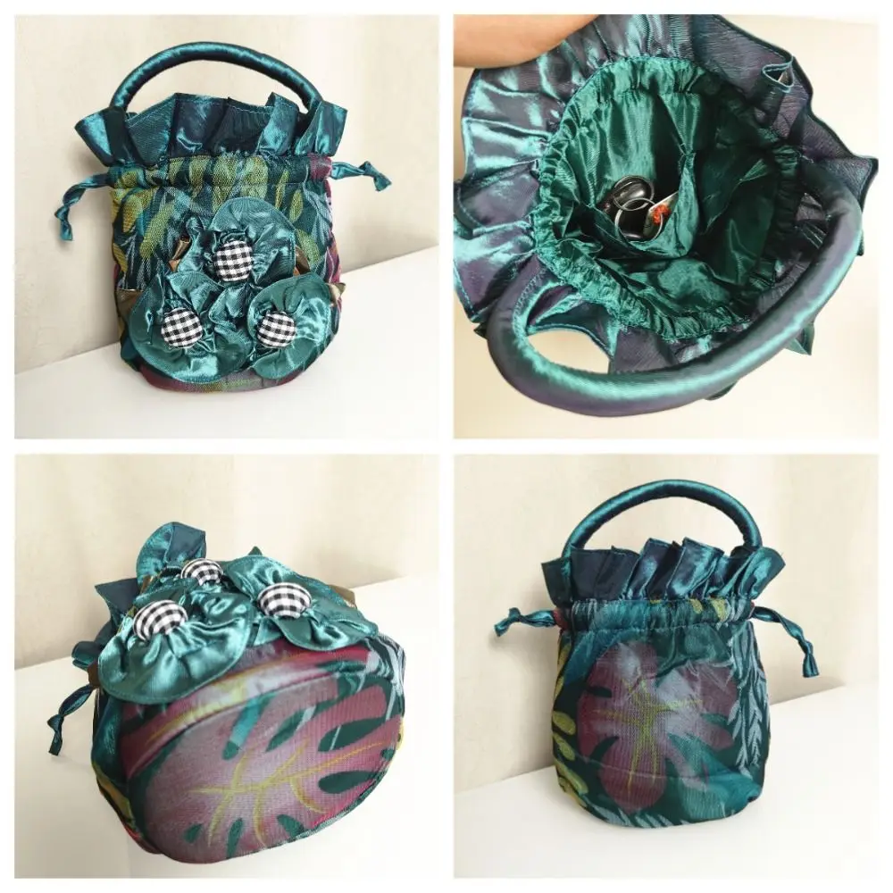 Purse Wallet Satin Silk Drawstring Bucket Bag Retro Ethnic Style Rose Flower Handbag Cosmetic Bag Elegant Ladies Clutch Bag Mom