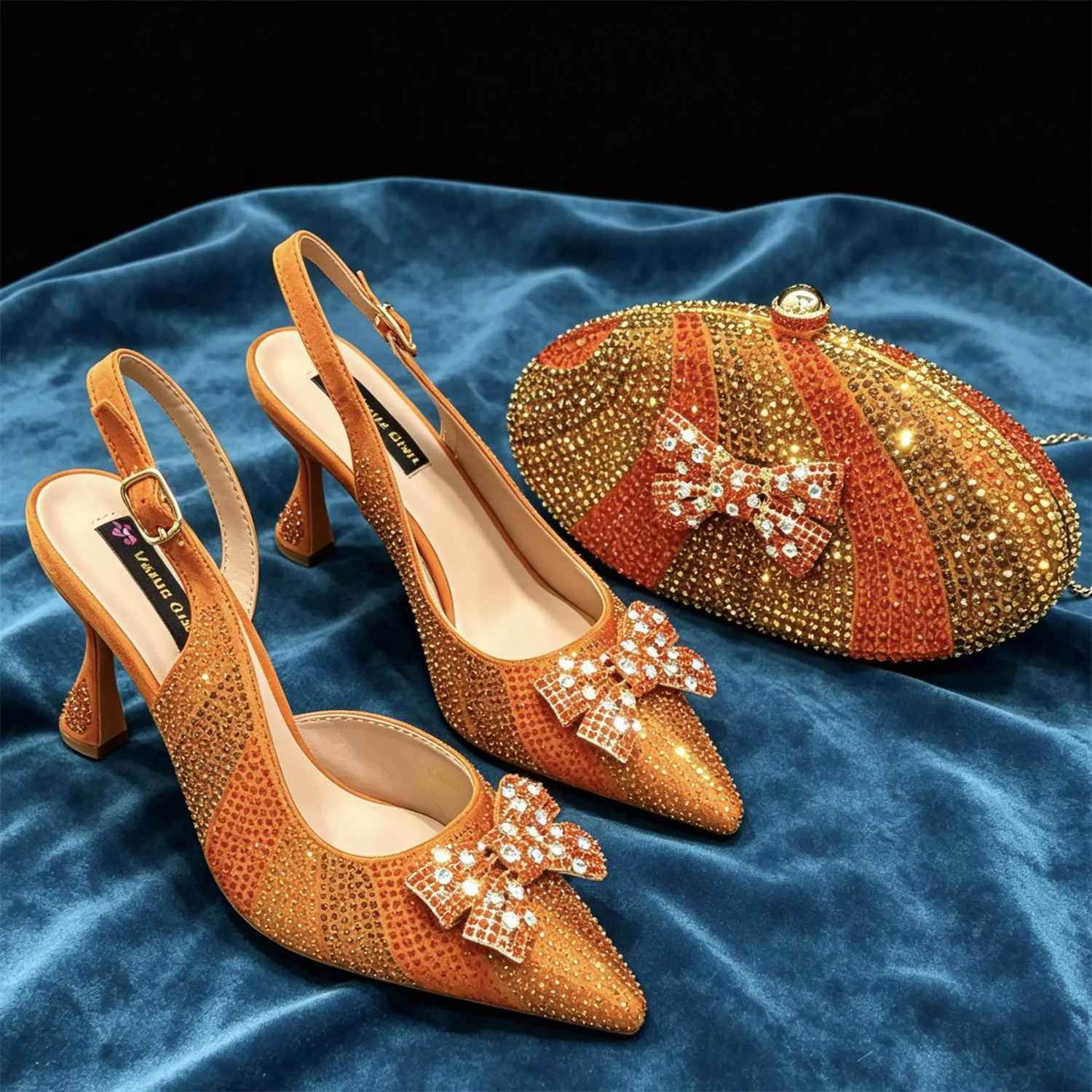 Elegant Nigerian-Inspired Rhinestone High Heels with Orange Mini Oval Bag - Stylish Women's Shoes for Special Occasions