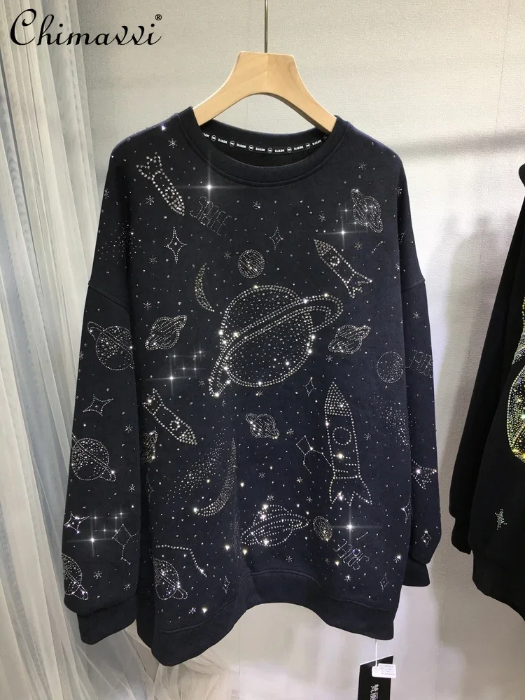 

Autumn and Winter Hot Diamond Starry Sky Round Neck Medium and Long Thin Large Version T-shirt Long Sleeves Sweater For Girl