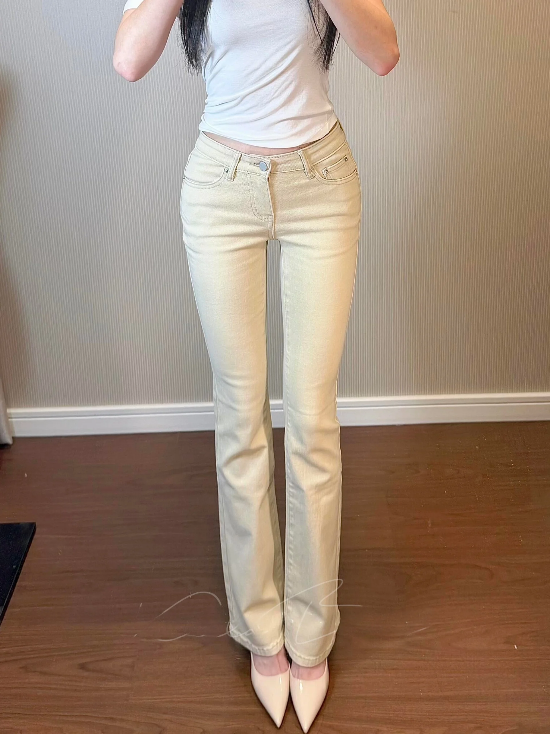 

Khaki High Waist Stretchy Slimming Jeans Fall New Sle Elastic Hip Lifting Faionable Match All Micro Flared Long Pants
