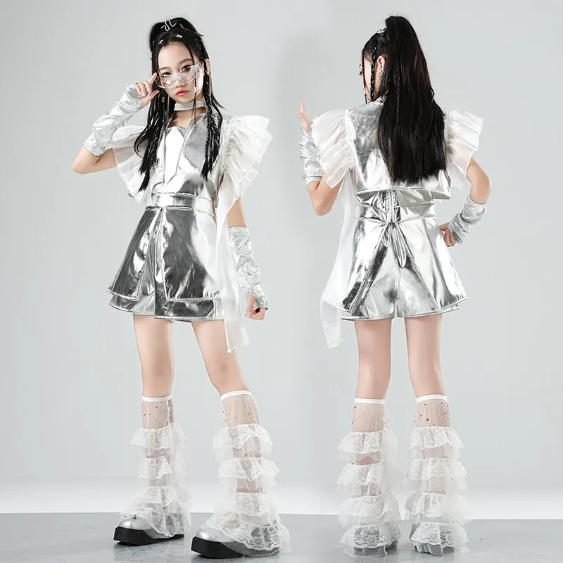 Hip Hop Girls Shiny Skirts Kpop Street Dance Silver Shorts Kids K-pop Streetwear Costume Children Jazz Girl Group Clothes Sets
