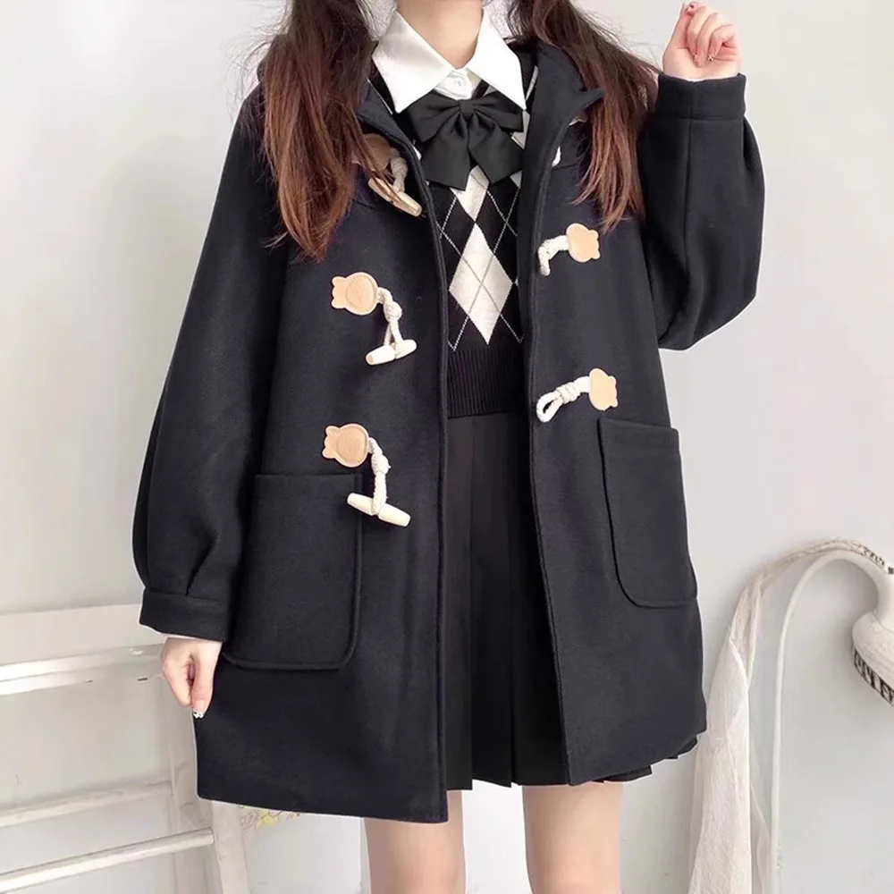 2026 New Autumn and Winter Uniform Horn Button Woolen Coat Women's College Style Long Hooded Woolen Coat
