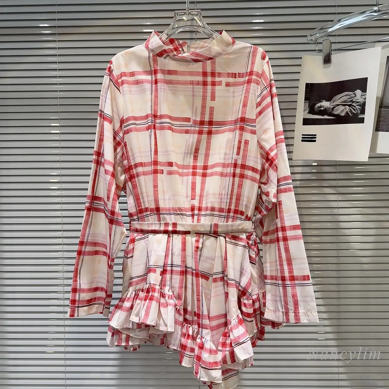 2025 Spring New Sweet Spice Girl Bevel Cut Hem Belt Waist Red Plaid Shirt Dress for Women Short Irregular Dresses Ladies