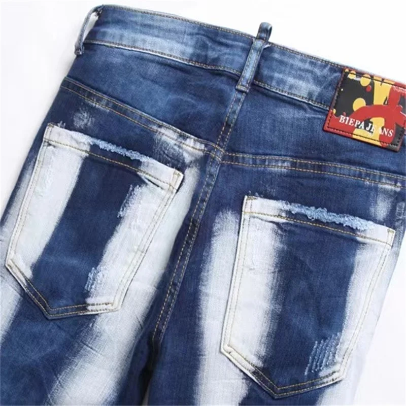 EH·MD® Painted Fingerprint Jeans Men Broken Holes High Elastic Slim Fit Feet Zipper Leather Label Speckle Wrinkle Scraping White