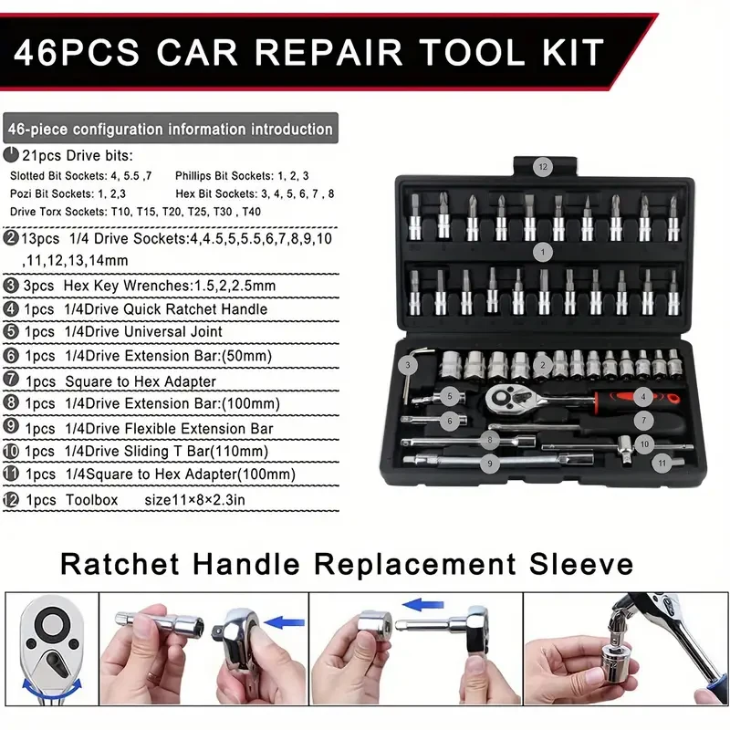 46 Piece Hand Tool Set 1/4in Drive Socket Ratchet Wrench Set General Household Hand Kit with Plastic Toolbox Storage Case