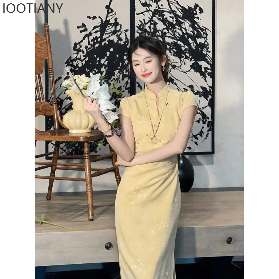 

Women's Jacquard Improved Sleeveless New Chinese Cheongsam Low Slit Temperament Waist Dress Banquet Party Stage Performance