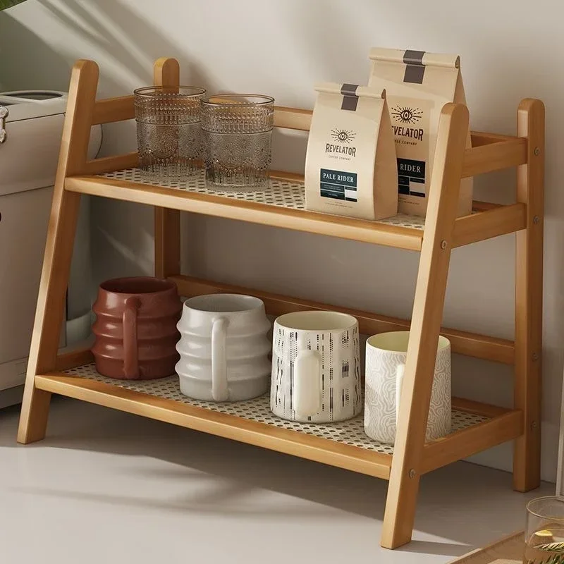 Household Goods Vine Woven Simple Double-layer Desktop Storage Rack, Cups,Storage Rack, Figurine Placement And Sorting Rack