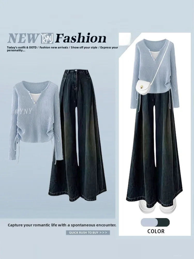 

Blue Knitted Long Sve Women's T-irt Waist Cinched Faux Two-Piece Top with Wide Leg Retro Denim Pants Autumn Faion Set