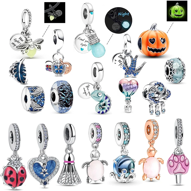 

New 925 Silver Glow-in-the-dark Spooky Pumpkin Ladybird Turtle Beads Fit Original Pandora Charms Bracelet DIY Jewelry For Gril