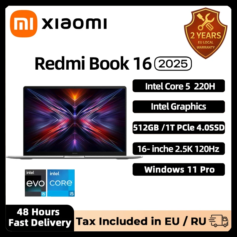 Xiaomi REDMI Book 16 2025 Laptop Intel Core 5 Processor 220H Intel Graphics 16G/32G RAM 1TB SSD 16-inch Screen Notebook Slim PC