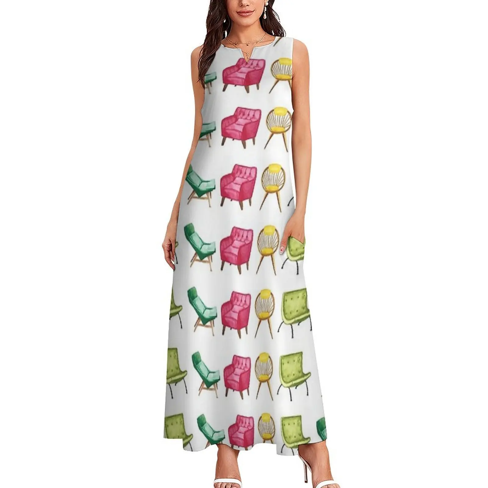 Sillas modernas de mediados de siglo, vestido largo de acuarela, ropa femenina, vestidos de verano para mujer, vestido de noche para mujer 2025