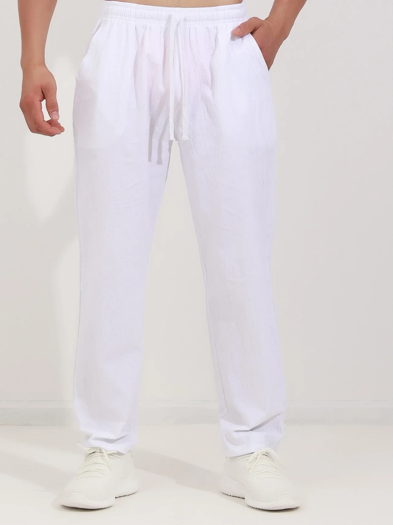 Men's Relaxed Fit Solid White Casual Pants | Soft Breathable Drawstring Waist All-Match Daily Trousers