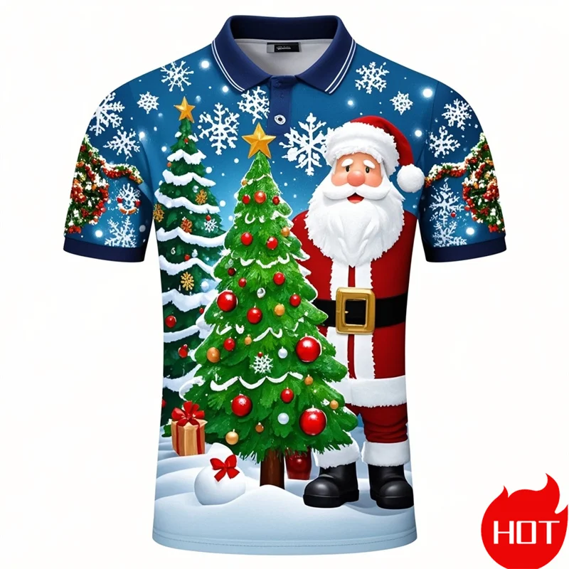 Funny 3D Cute Santa Claus Xmas Printed Polo Shirt For Men Happy Christmas Graphic Merry Christmas Graphic  Shirts & Blouses Polo