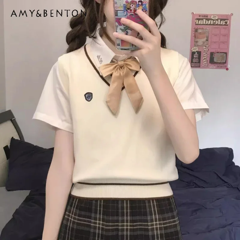 

Japanese Uniform College Style Original Apricot Brown Color Matching V-Neck Sweater Sleeveless Embroidered Waist Vest For Girl