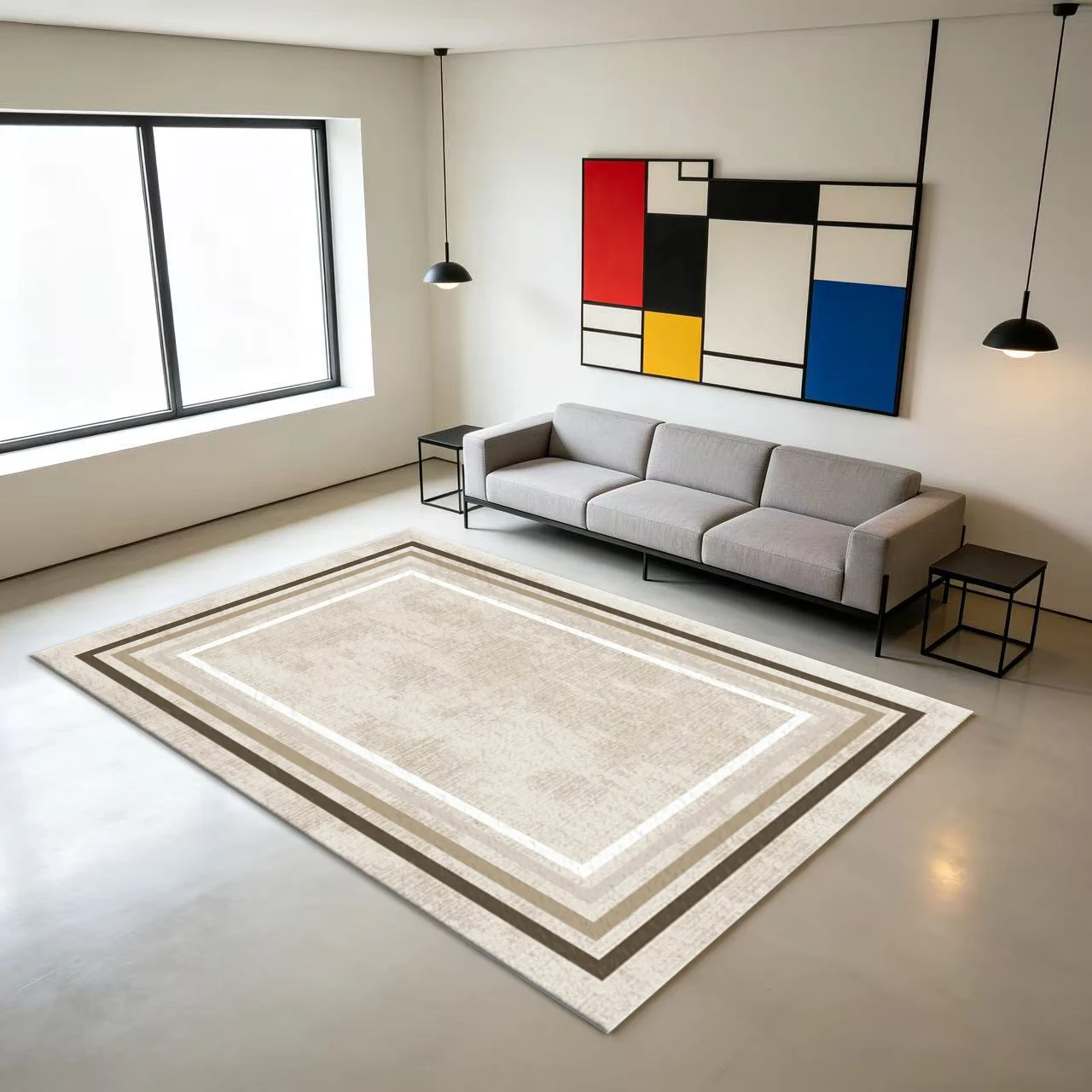 Neutral Multi-Layer Border Frame Carpet Flooring, Simple Vintage Non-Slip Area Rug for Bedroom Living Room Home Floor Mat