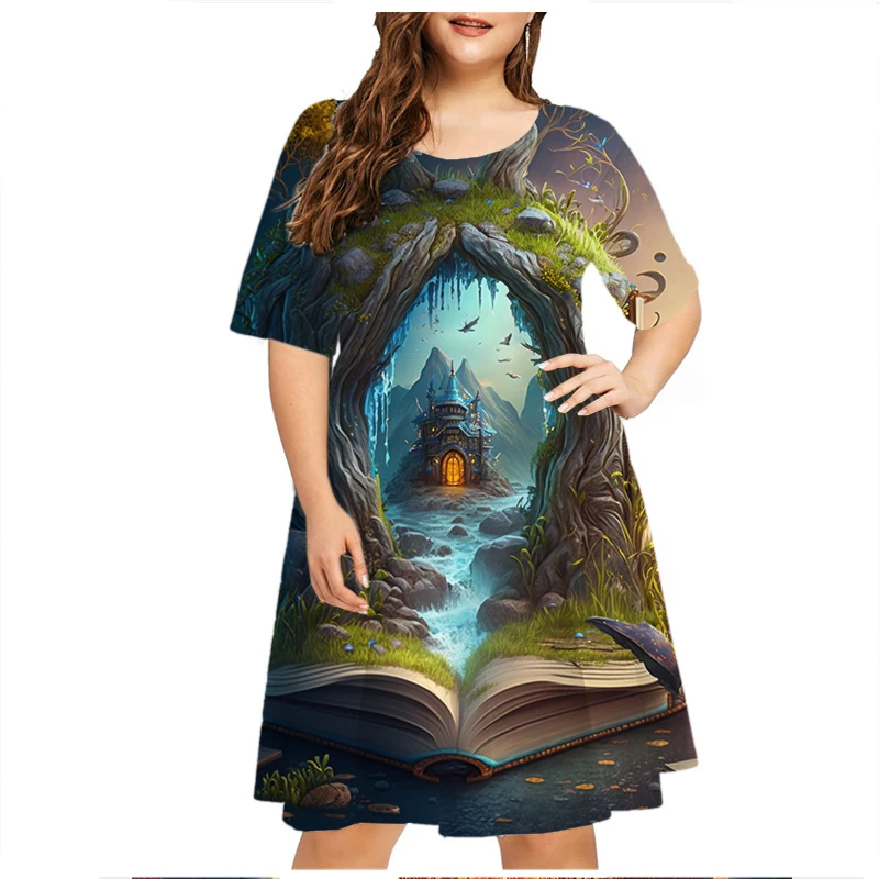 Fantasy World 3D Architecture Print Dresses For Women 2023 Fashion Elegant Ladies Summer Plus Size Dresses Short Sleeve Clothing