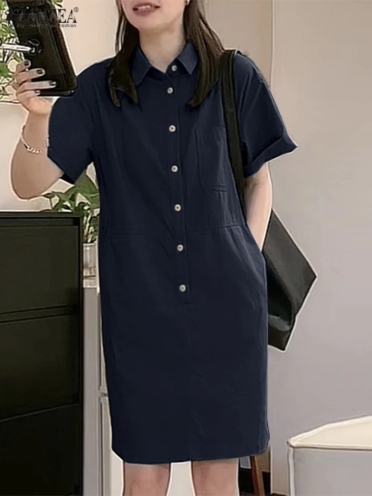 

ZANZEA Korean Pocket Buttons Dress Summer Fashion Lapel Collar Shirt Dress Women Short Sleeve Robe Holiday Solid Color Sundress