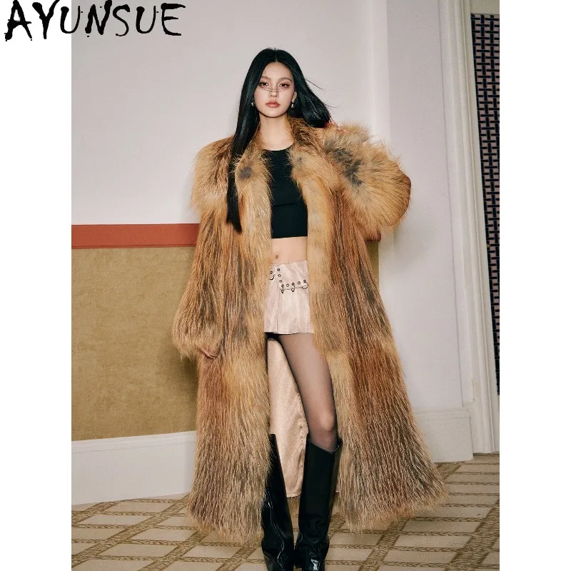 AYUNSUE Real Fox Fur Coats Woman Winter Fur Jacket Square Collar Outerwears Luxury Long Fur Coat Woman Clothes Manteau Femme