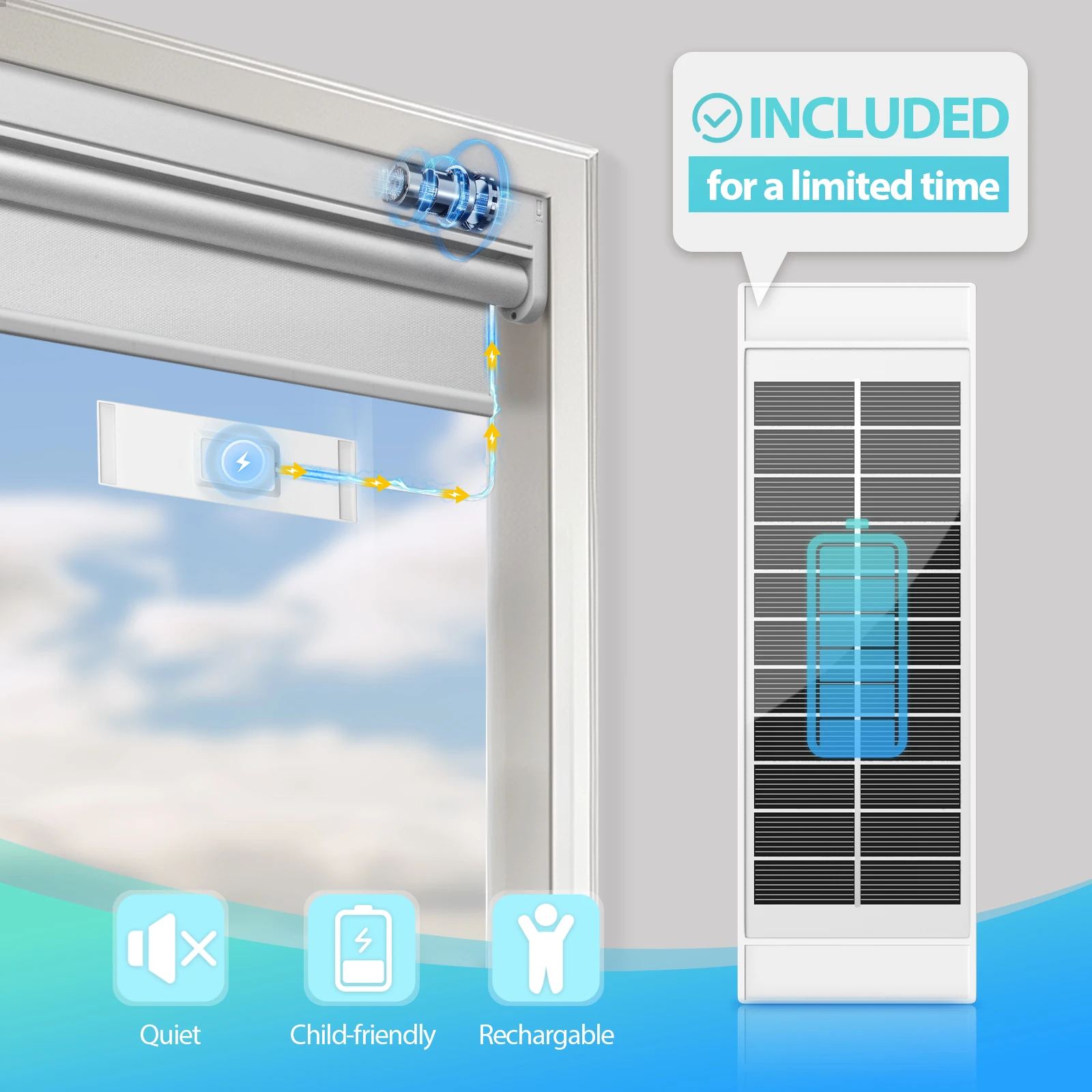 Solar panel electric remote control roller blind with 100% shading no drilling required easy to install cordless simple