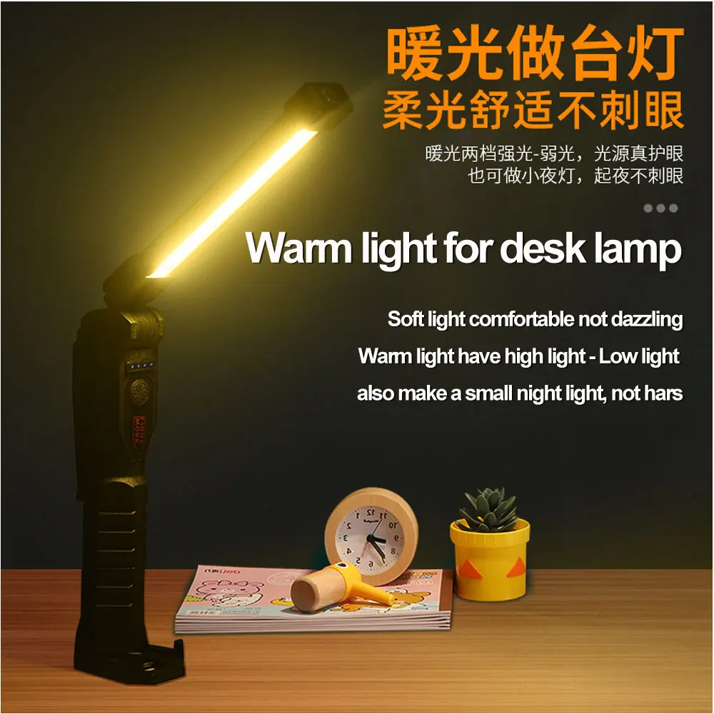 Multifunction COB Three Lights Led Flashlight USB Rechargeable Work Light Magnetic Lanterna Hanging Lamp with Built-in Battery