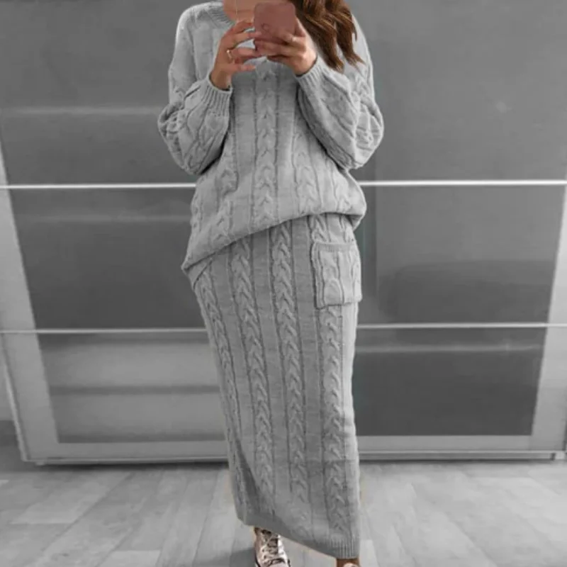 

Women's new casual winter warm knit twist sweater skirt with pleated pocket fashion two-piece autumn set