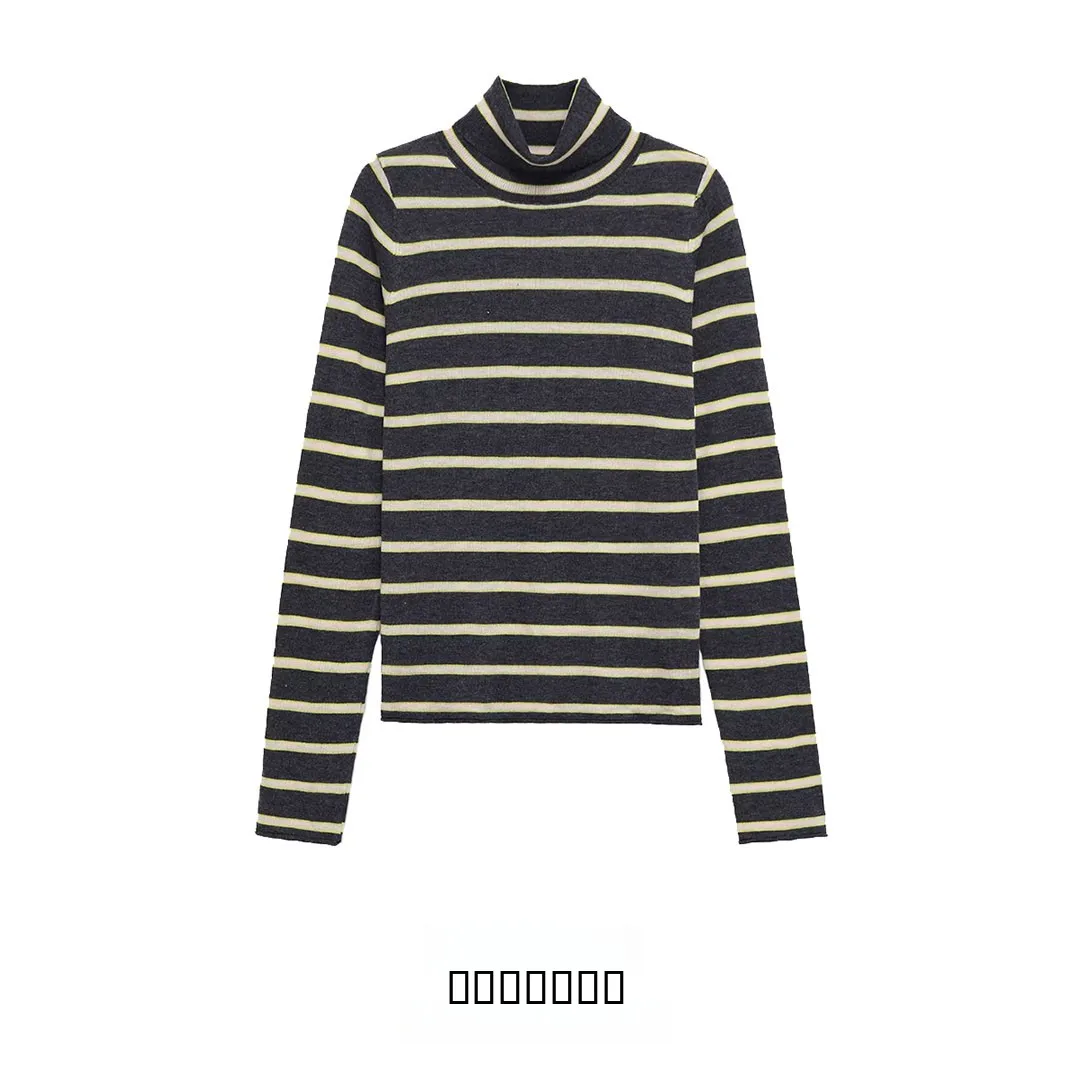 KASLEAD nueva Faion prendas de punto a rayas ultrafinas jersey largo de cuello alto para mujer fibra de poliéster ajustado Otoño Invierno