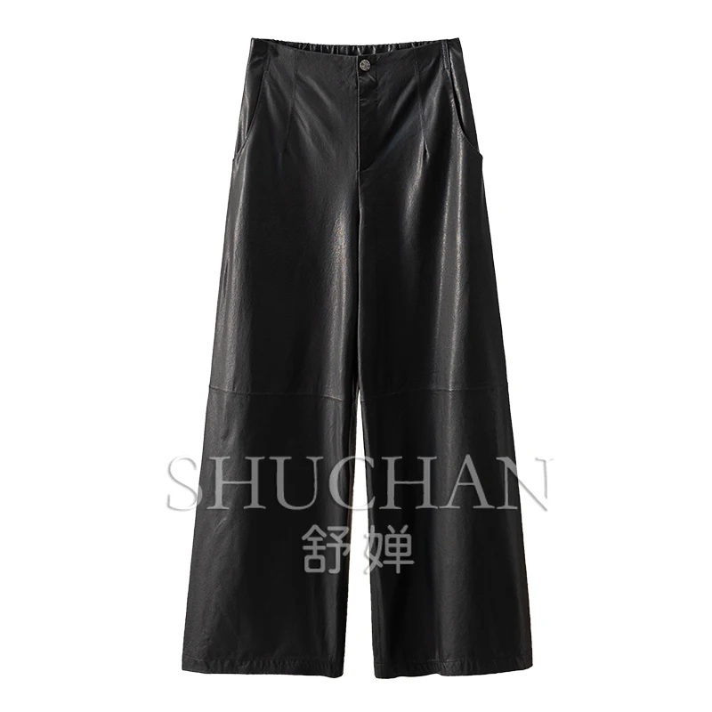 

Italian Luxury Sheepskin High-waisted Straight Wide-leg Pants Women Trousers Pantalones Mujer Verano 2024