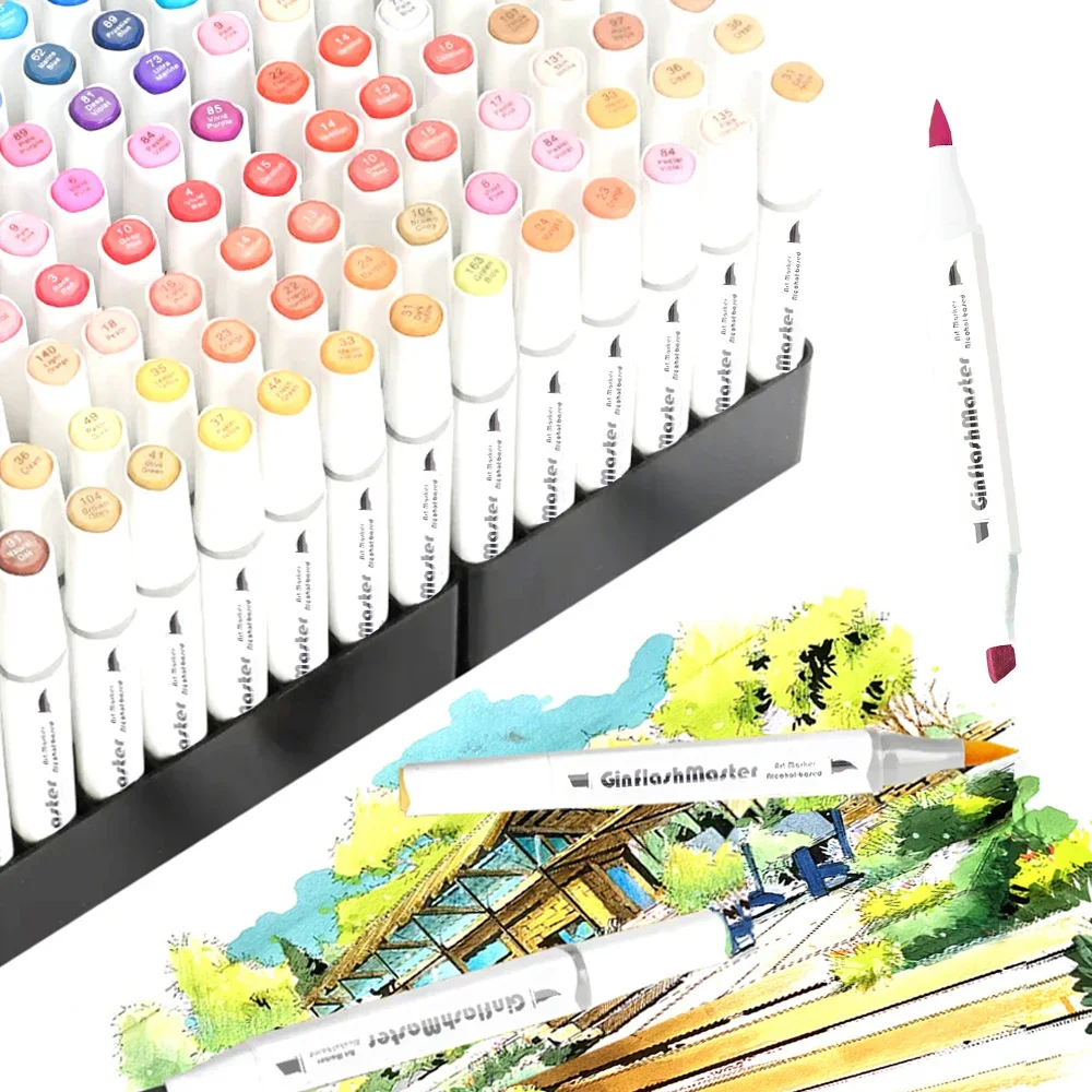 Ginflash Brush&Chisel Comic Art Markers Brush Pen Sketch Alcohol Based Markers Dual Head Manga Drawing Art Supplies