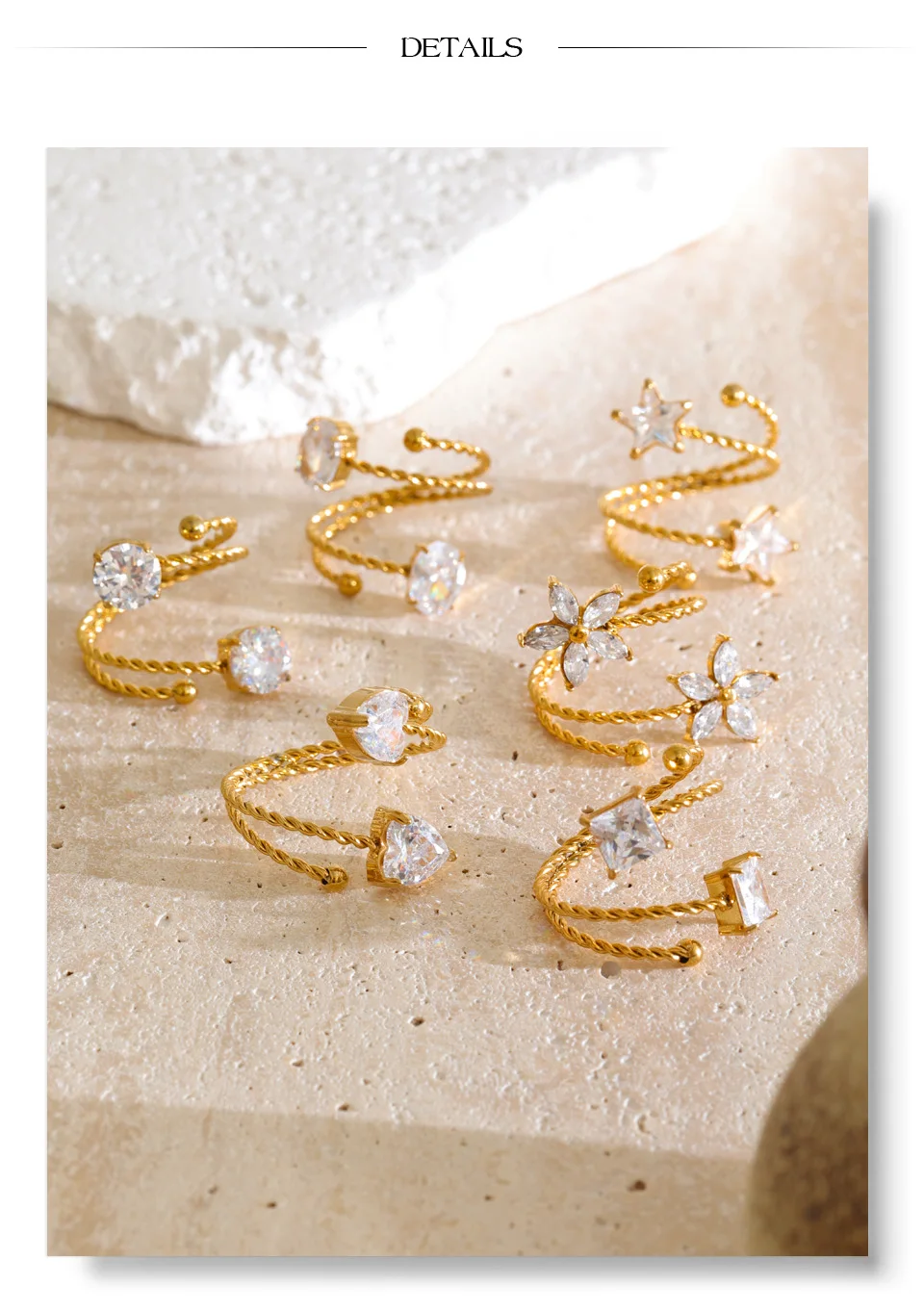 Yhpup Edelstahl Verstellbarer Manschettenring Sterne Blume Herz Zirkonia Mehrschichtig Modischer Goldener Fingerschmuck Geschenk – Detail 10