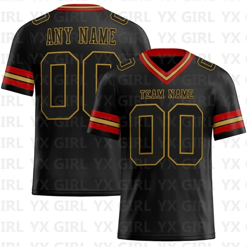 

Custom Black Old Gold-Red Mesh Football Jersey Personlized Team name and you name number V-Neck Football T-Shirts