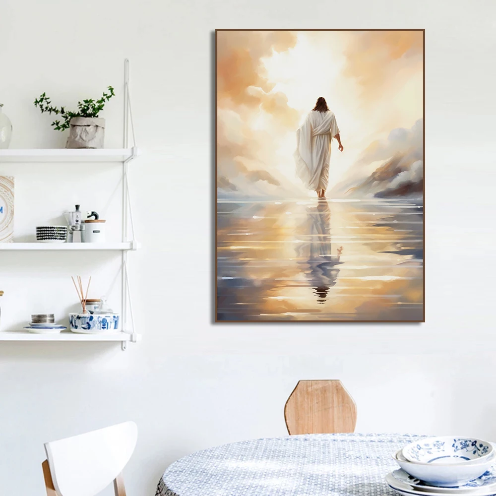 Jesus Walking on Water Poster Watercolor Holy Embrace with Children Lost Lamb Canvas Painting Print Bible Wall Room Home Decor