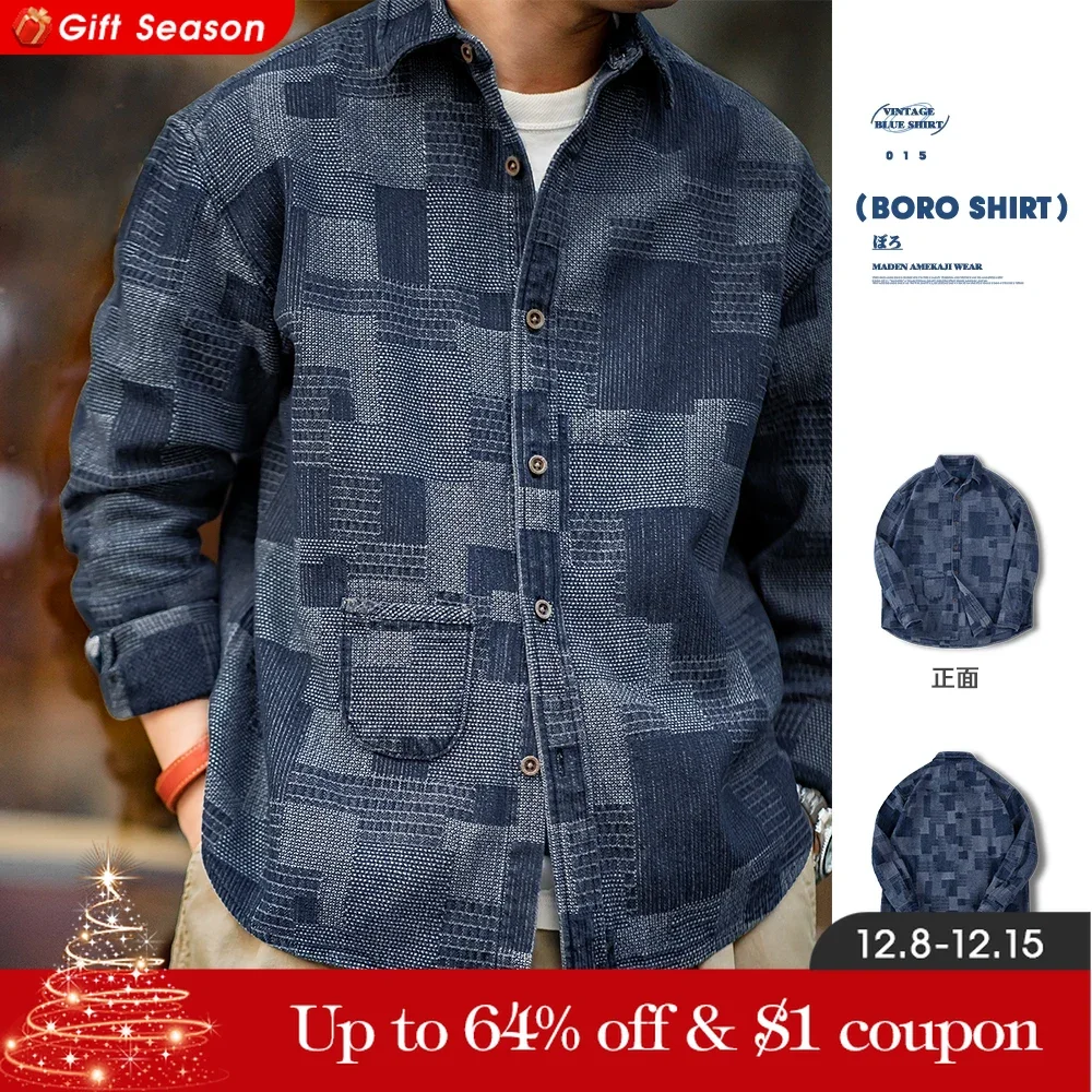 Maden Japanese Retro Boro Denim Shirts for Men Jacquard Patchwork Long-Sleeve Button Down Shirt Jacket Oversize Spring Outerwear