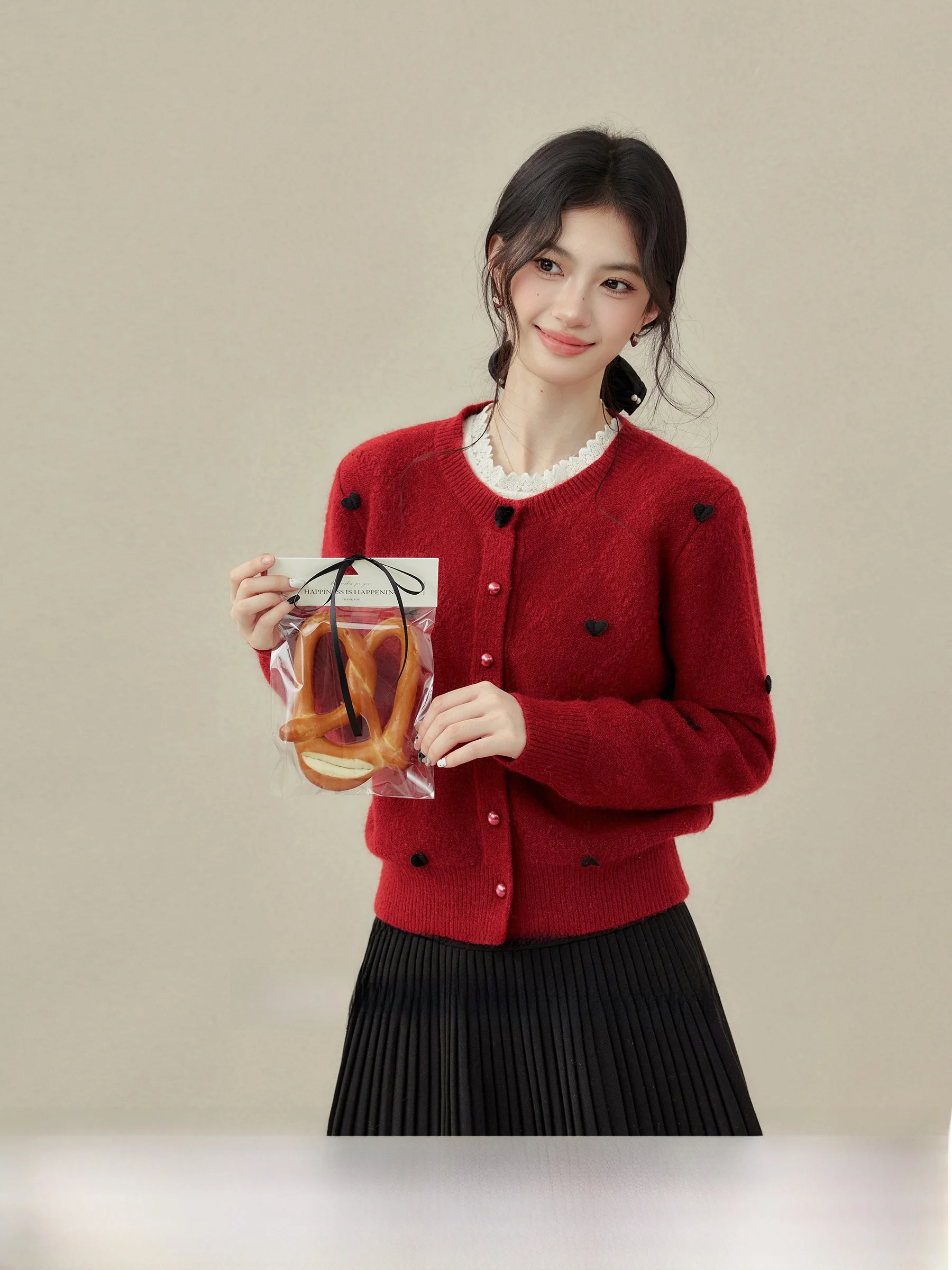 

Red Long Sve Knitted Open Cardigan Outerwear plus Size New Arrival Women's Commute Sle Knitwear Heart Pattern Single Button