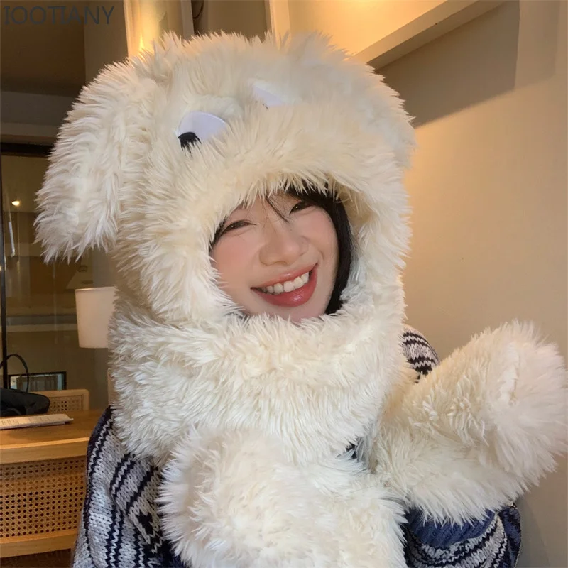 

IOOTIANY Puppy Plush Hat Scarf Gloves All-in-one Three-piece Female Winter Warm Cycling Windproof Hooded Scarf Three-in-one