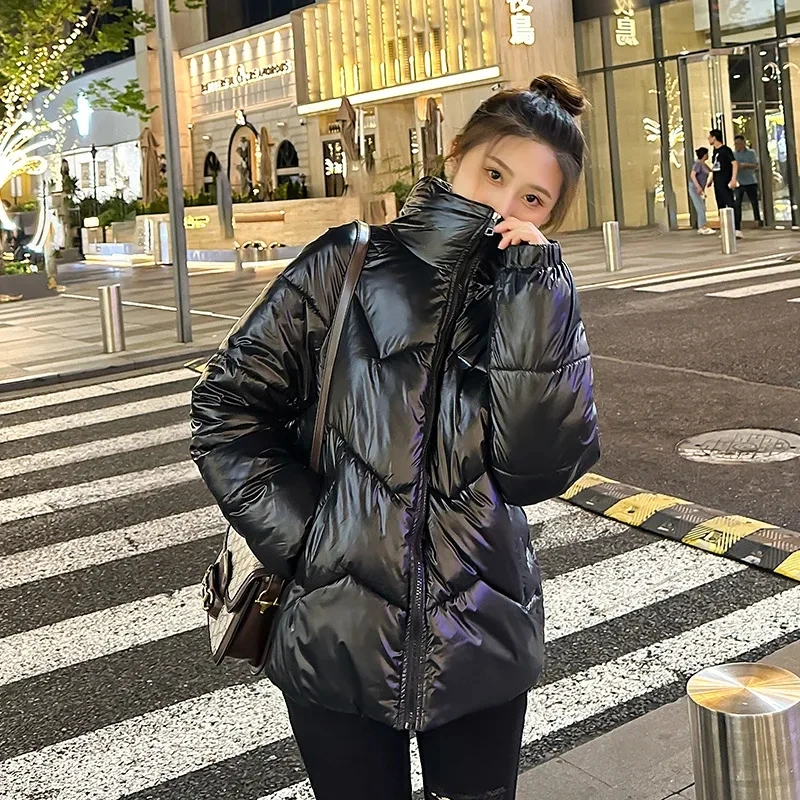 Women 2023 New Winter Color Loose Padded Jacket Bright Face Detachable Sleeves Hooded Stand-up Collar Down Bread Padded Jacket
