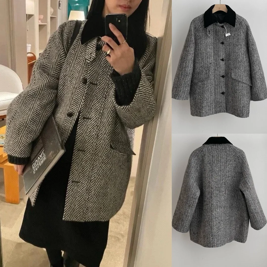 معطف صوفي من Thiened مع ياقة مدببة ونمط تويد من القطن للنساء للتنقل طويل Sve #1