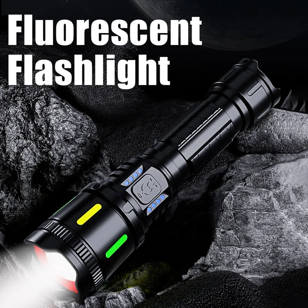 Strong Light Spotlight Long Range LED Flashlight With Fluorescent Strip Telescopic Zoom Outdoor Emergency Lighting Lamp