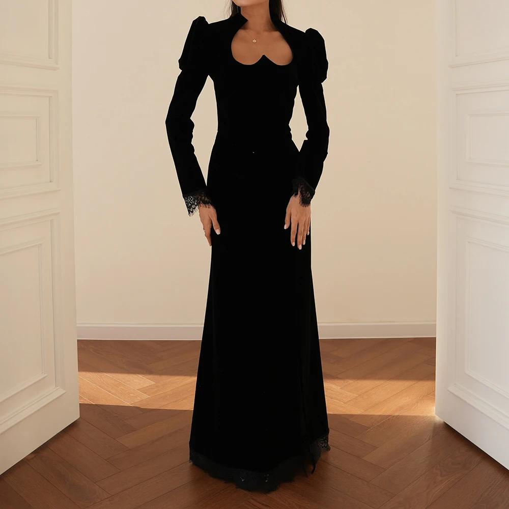 

Customized A-line Evening Dresses Floor-length Sweetheart Neck Full Sleeve Prom Gown Simple Fashion Lace Draped Party Gown