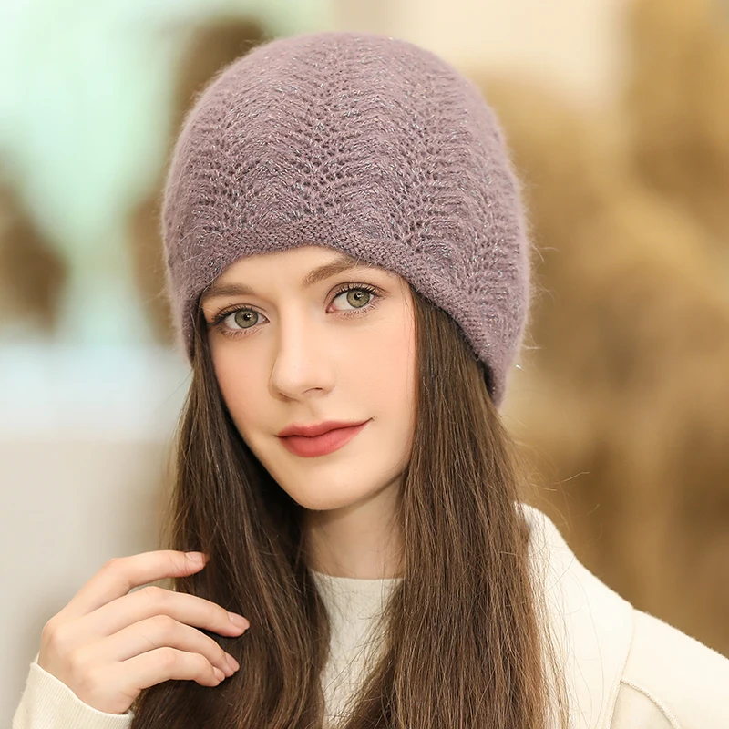 Women hat  Knitted double layer for warmth Angora wool Front diamond decoration For girl Three-dimensional sewing