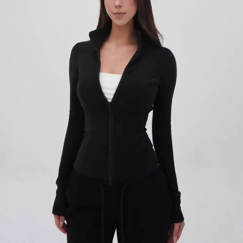 Cardigan à col Semi-haut pour fille américaine, sport, Fitness, Yoga, amincissant, manteau taille serrée, haut pour femme