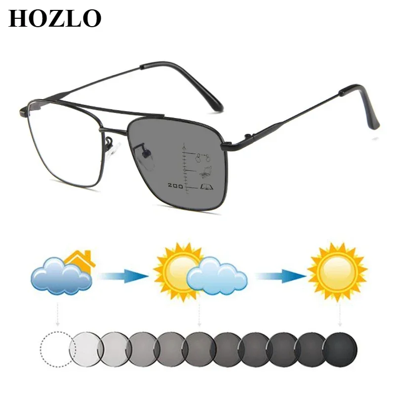 Women Photochromic Progressive Reading Sunglasses Men Metal Square Double Bridge Retro Literary Hyperopia Longsighted Spectacles