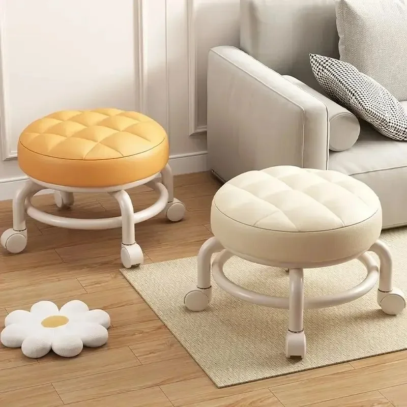 Round Rolling Low Stool with Universal Wheels, Multifunctional Kids Shoe Changing Sliding Stool for Household Use