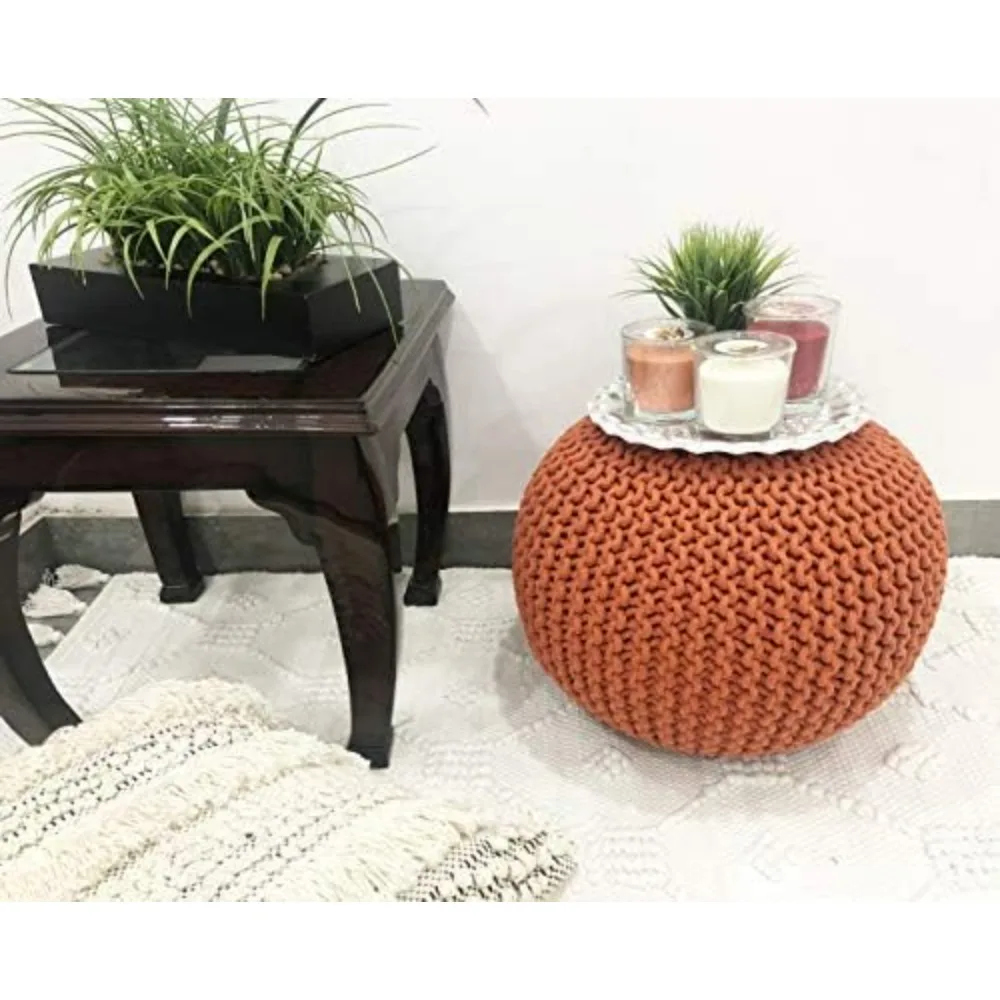 Round footstool hand woven 100% cotton, living room floor bedroom, sofa footrest (20 diameter x 14 height), pumpkin orange