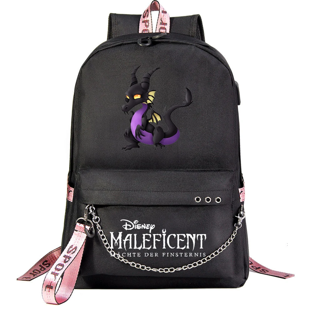 MINISO Maleficent Students School Bag Women Men Causal Travel Laptop Backpack with Charging USB Teenager Backpacks