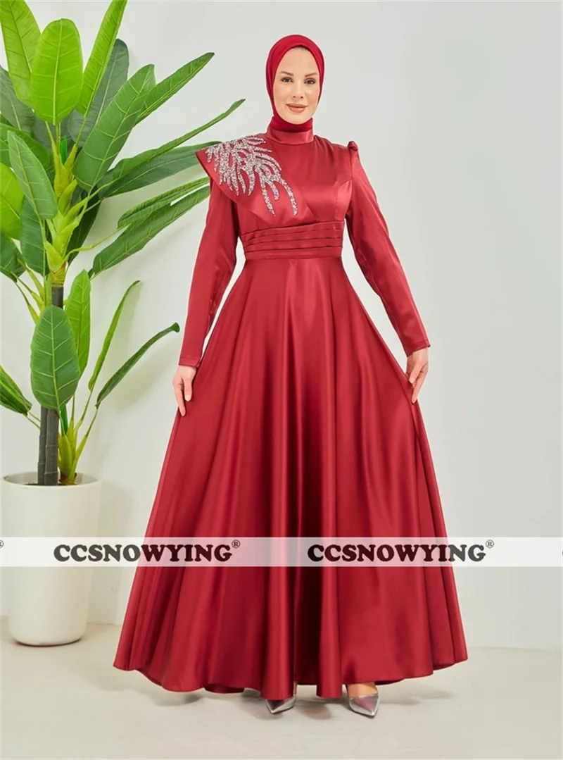 

Long Sleeve Muslim Evening Dress Satin Beaded Hijab Islamic Formal Party Gown Saudi Arabia Caftan Women Robes De Soirée