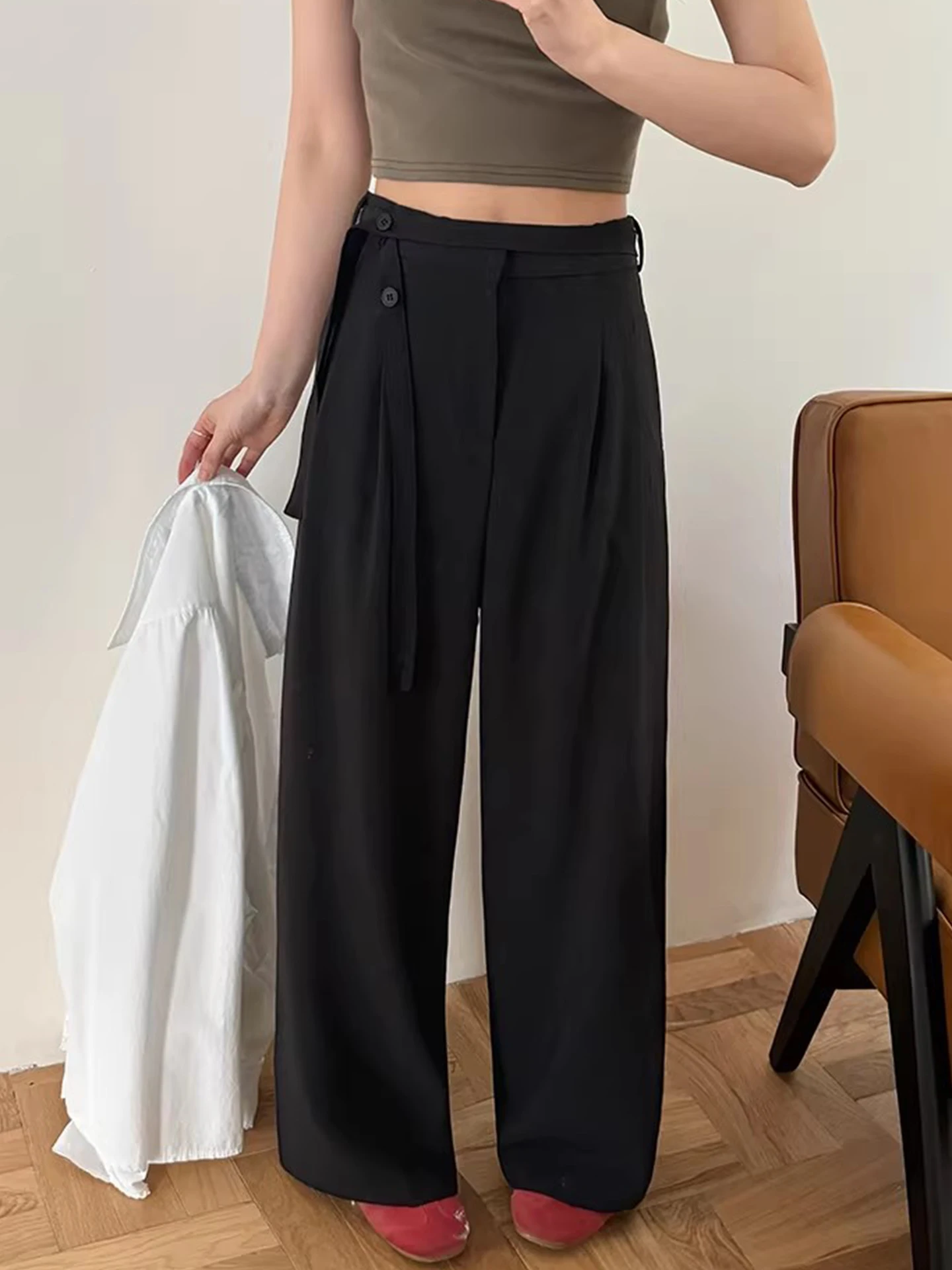 High Waist Tuxedo Pants Women's Casual Loose Fit Floor Length Design Sense Wide Leg Pants Commute Sle Polyester Fiber